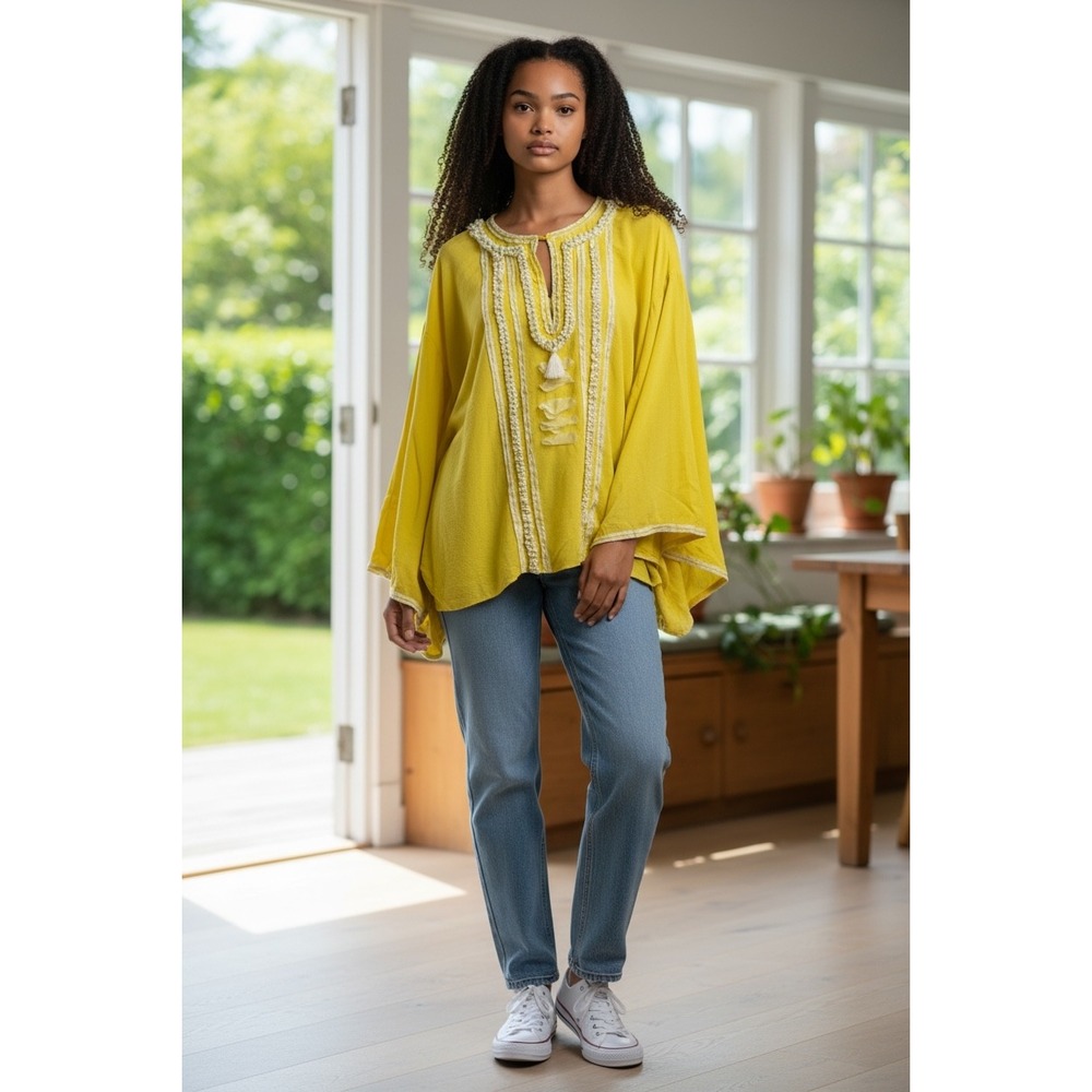 Ankasa Yellow Ruffle Trim Boho Tunic Top Wide Kimono Sleeve Women Size M
